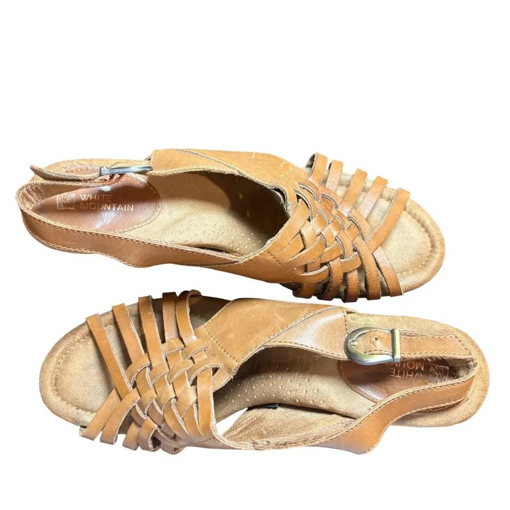 White‎ Mountain Tan Leather Woven Wedge Sandals Womens 10M Slingback Low Heel
